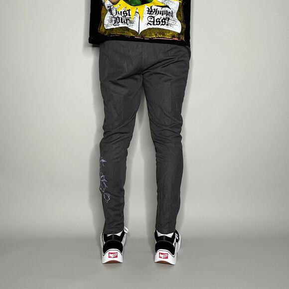 Adidas Joggers Dark Grey Polyester Violet Purple Embroidered Flowers Artwork - Picture 3 of 4